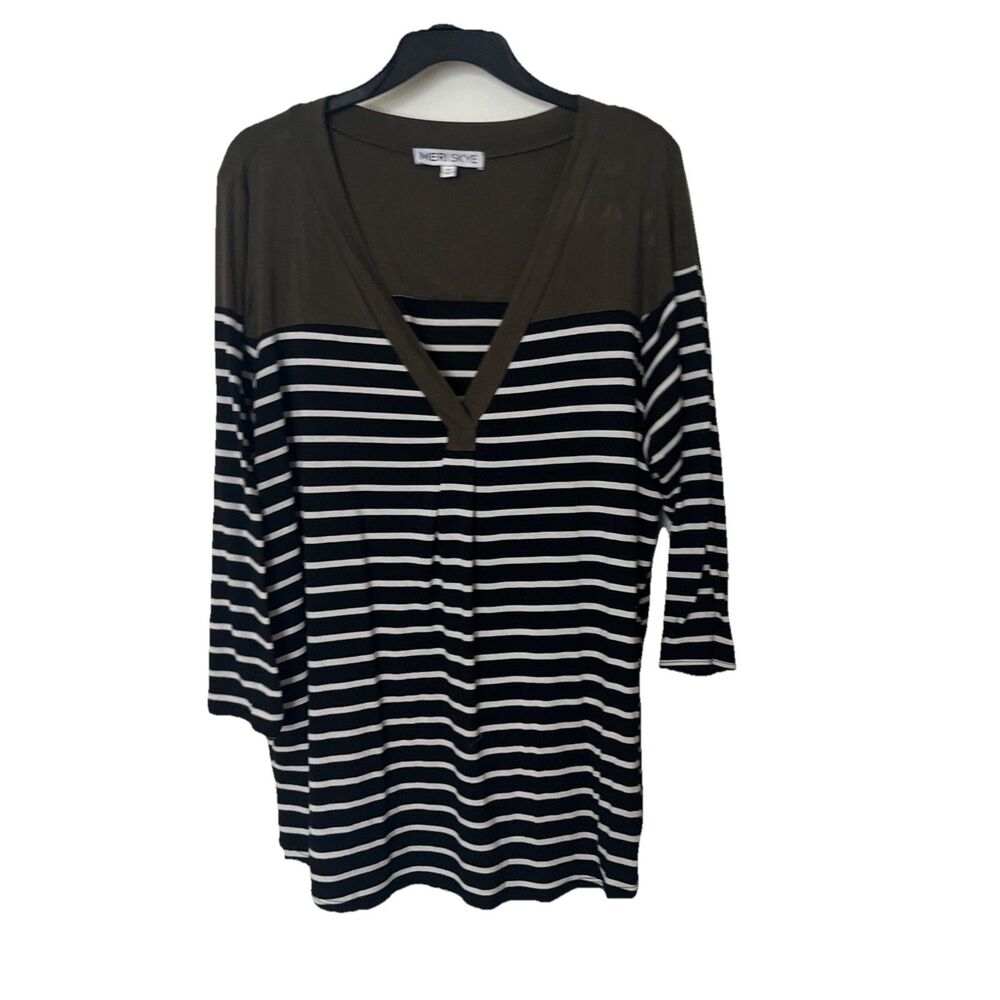 Meri Skye V Neck Knit Top Size 2x Stripes Olive Green Black Dia & Co - Picture 3 of 7